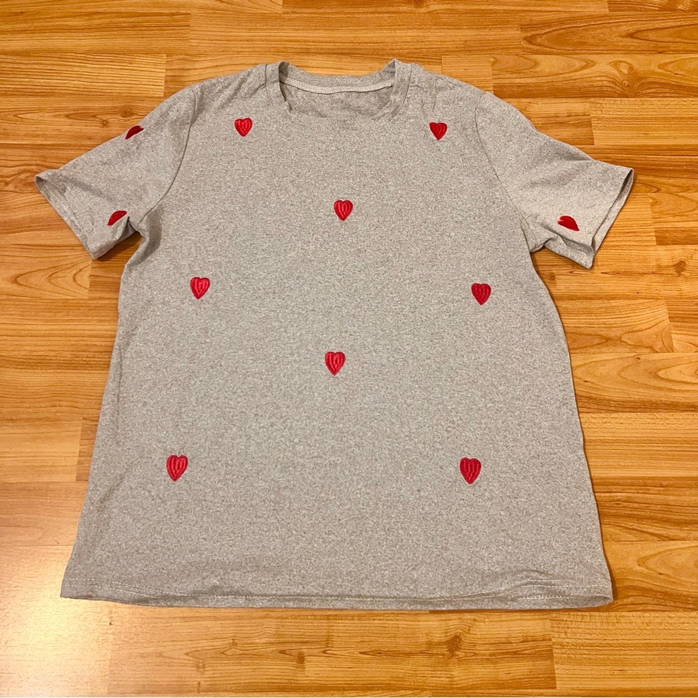 Gray T-Shirt with Red Heart Accents